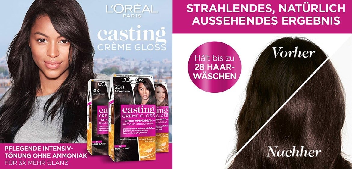 Junge Frau mit langen dunklen Haaren mit Produktabbildungen Casting Creme Gloss